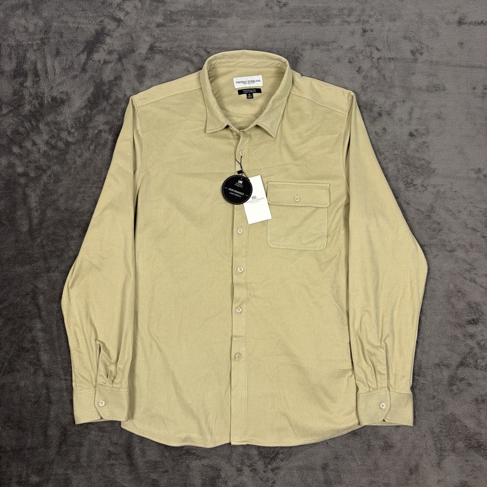 Thomas Sterling‎ Mens Dress Shirt XL Beige  Performance 4 Way Stretch Button Up